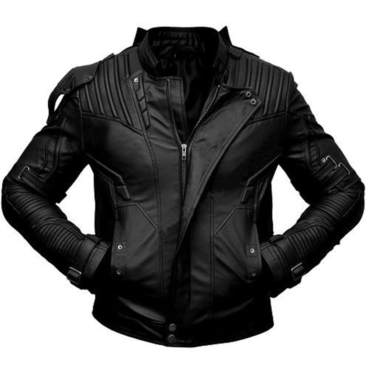 Men's Black Short Collar Biker Genuine Sheepskin Leather Jacket